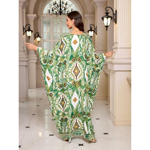 Women's 1 Green 100% Polyester V Neck Summer Beach Dresses Cover Ups Caftan Maxi - Picture 2 of 6